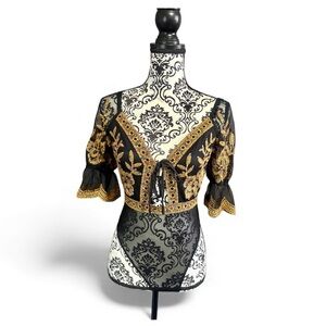 CLOUD TEN Black and Gold Embroidered Bodysuit Top